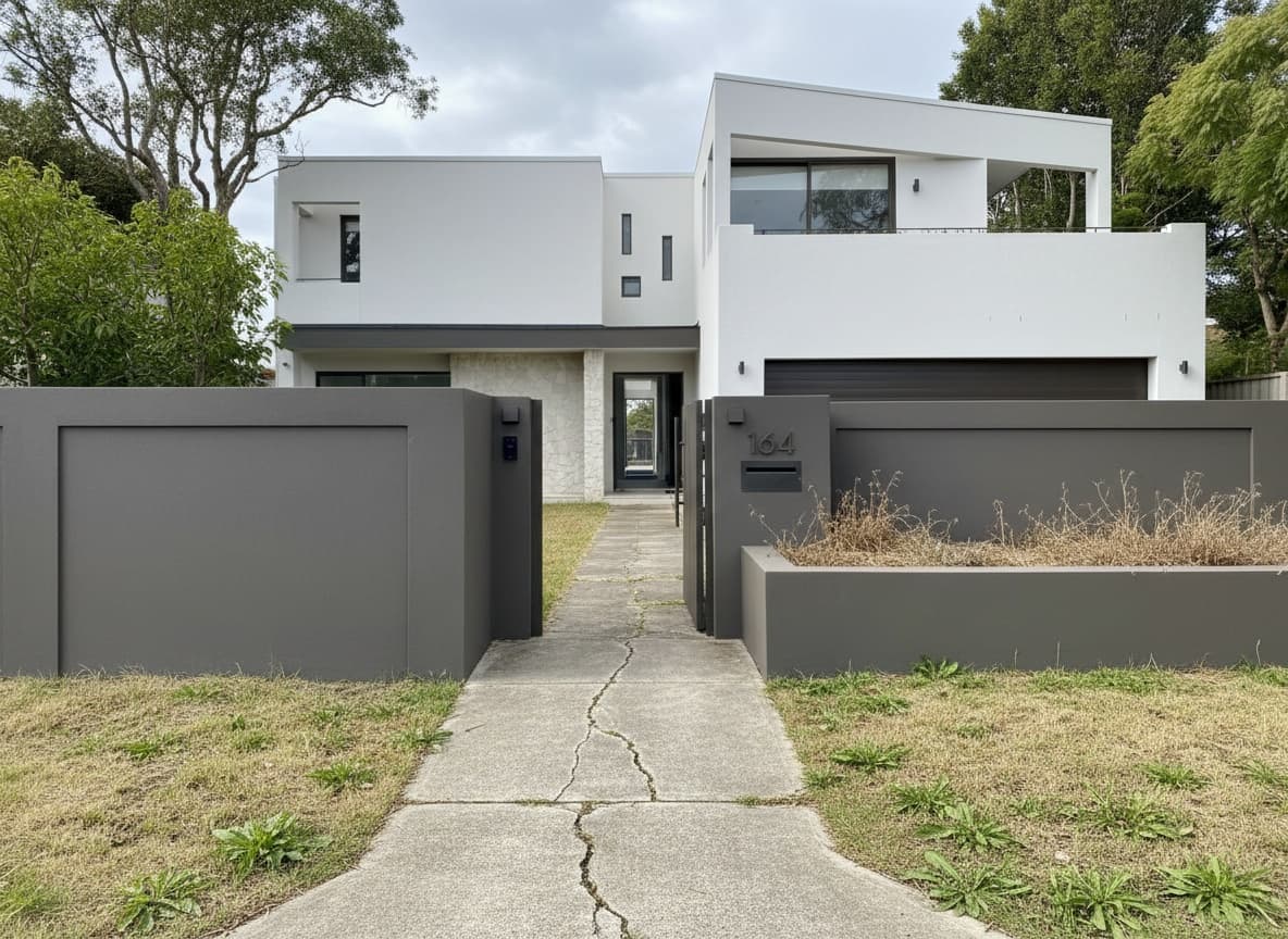 The same frontage before the works, cracked path, patchy lawn